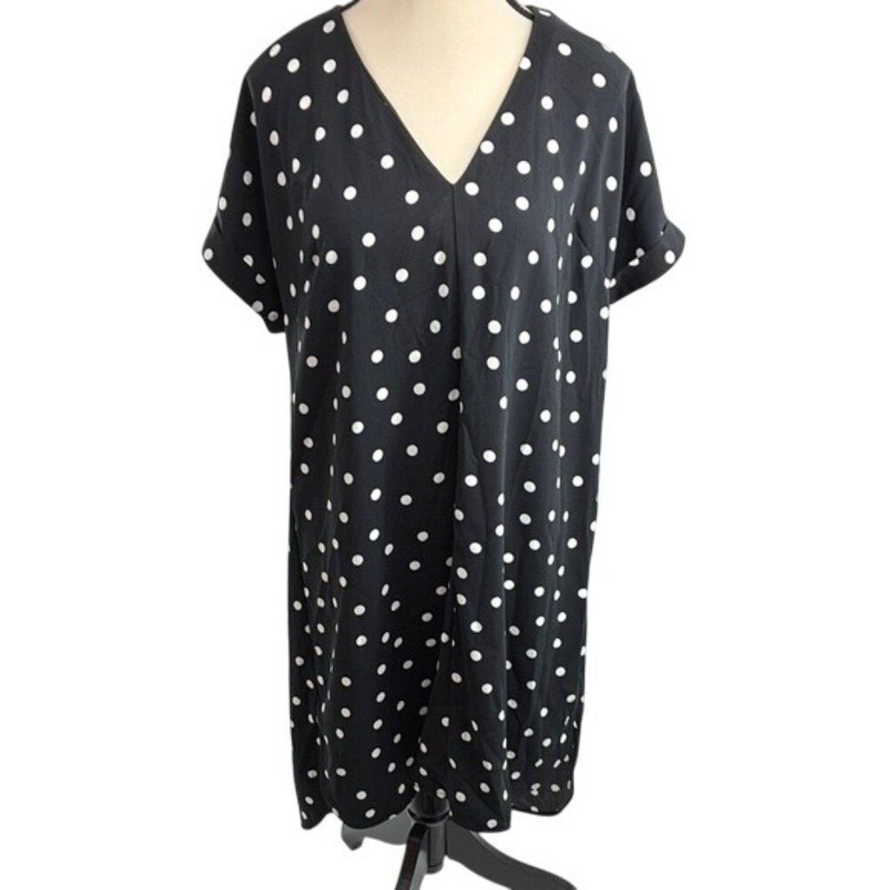 A New Day Womens Dress Large Black White Polka Dot V Neck Shift New